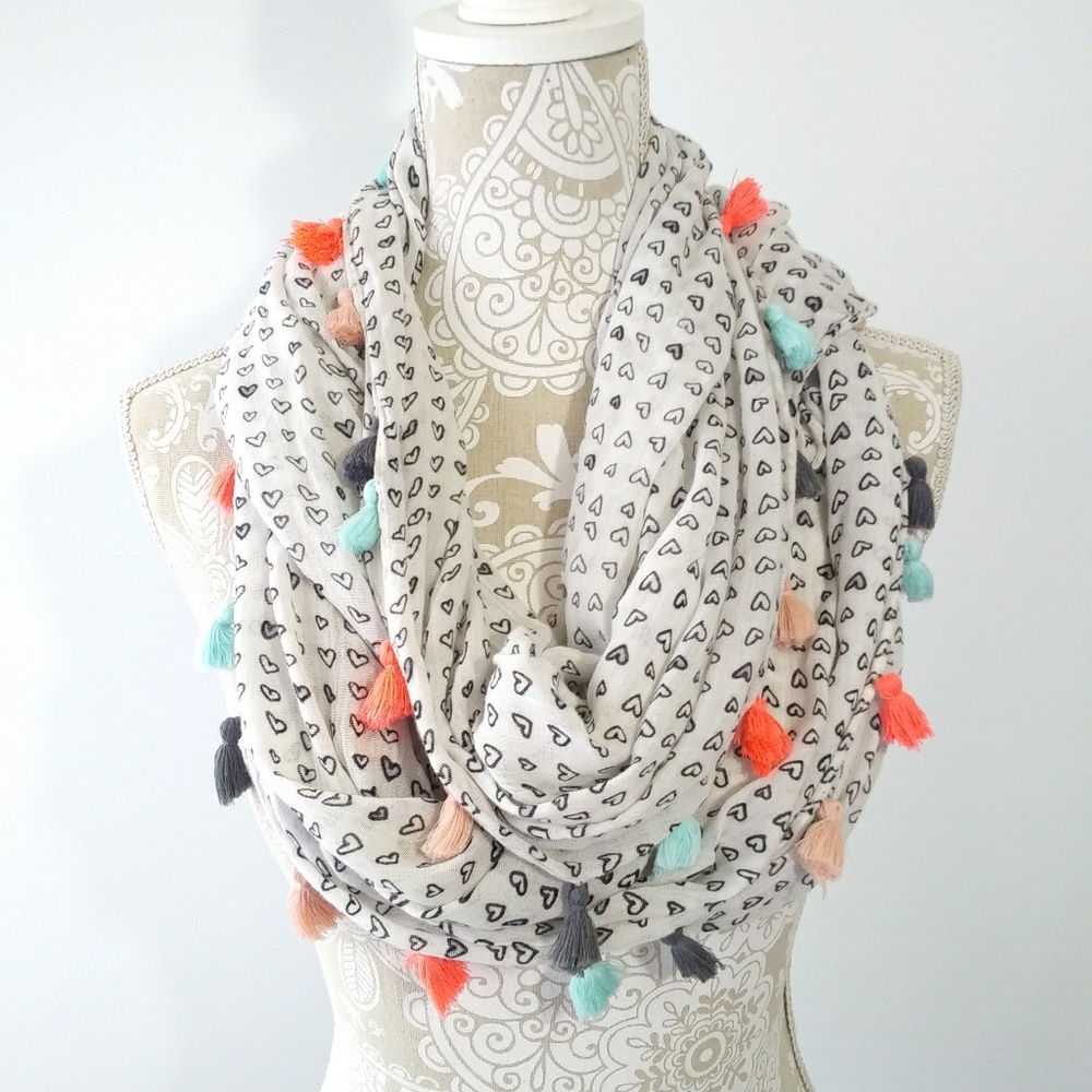 Infinity Scarf Light Weight With Tassels & Hearts